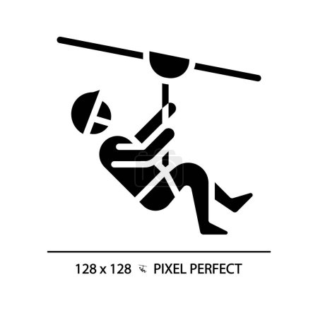 Zip line ride pixel perfect black glyph icon. Dangerous sport attraction. Extreme activity. Outdoor adventure. Silhouette symbol on white space. Solid pictogram. Vector isolated illustration