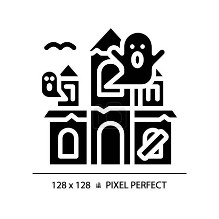 Haunted house pixel perfect black glyph icon. Halloween castle, thematical park attraction. Supernatural entertainment. Silhouette symbol on white space. Solid pictogram. Vector isolated illustration