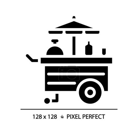 Food cart amusement pixel perfect black glyph icon. Carnival popcorn stand. Mobile kitchen, fastfood business. Silhouette symbol on white space. Solid pictogram. Vector isolated illustration