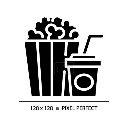 Movie popcorn bucket pixel perfect black glyph icon. Cinema snack, theatre treats. Junk food, striped box. Silhouette symbol on white space. Solid pictogram. Vector isolated illustration