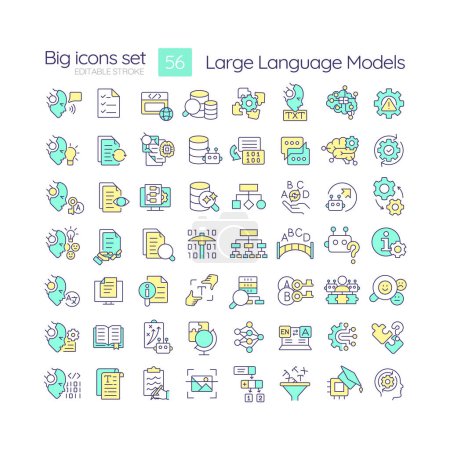 Large language models RGB color icons set. Artificial intelligence. Content generation. Machine learning. Isolated vector illustrations. Simple filled line drawings collection. Editable stroke