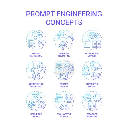 Prompt engineering blue gradient concept icons. Design instructions for ai model. Test and optimize tasks. Chatbot interaction. Icon pack. Vector images. Round shape illustrations. Abstract idea