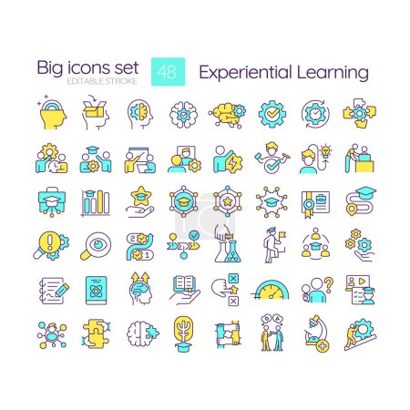 Experiential learning blue RGB color icons set. Practical education. Hands-on experiences and reflection. Isolated vector illustrations. Simple filled line drawings collection. Editable stroke