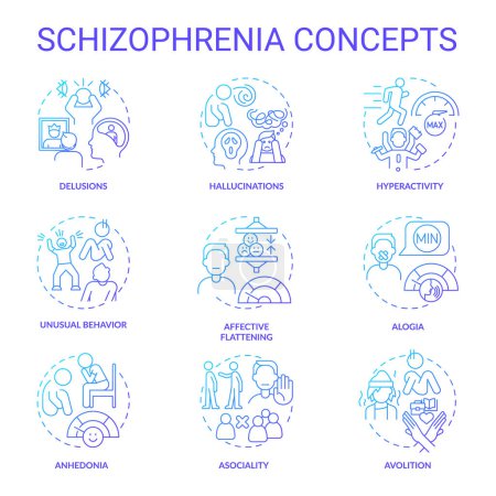 Trastorno de la esquizofrenia iconos concepto de gradiente azul. Paquete de iconos. Imágenes vectoriales. Ilustraciones de forma redonda para infografía, presentación, folleto, folleto, material promocional, artículo. Idea abstracta