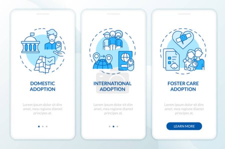 Types of adoption blue onboarding mobile app screen. Child custody walkthrough 3 steps editable graphic instructions with linear concepts. UI, UX, GUI template. Myriad Pro-Bold, Regular fonts used