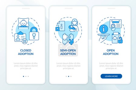 Adoption categories blue onboarding mobile app screen. Child custody walkthrough 3 steps editable graphic instructions with linear concepts. UI, UX, GUI template. Myriad Pro-Bold, Regular fonts used