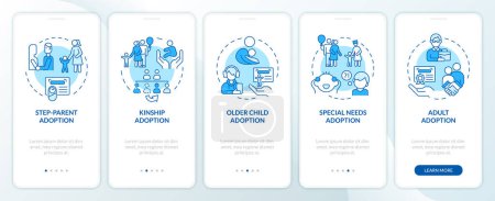 Adoption options blue onboarding mobile app screen. Child custody walkthrough 5 steps editable graphic instructions with linear concepts. UI, UX, GUI template. Myriad Pro-Bold, Regular fonts used