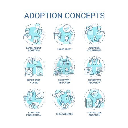 Adoption soft blue concept icons. Legal process steps. Becoming parents. How to adopt child. Parental right transfer. Icon pack. Vector images. Round shape illustrations. Abstract idea