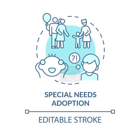 Necesidades especiales adopción suave icono concepto azul. Adoptar un niño con discapacidad. Familia incondicionalmente amorosa. Bienestar infantil. Ilustración de línea de forma redonda. Una idea abstracta. Diseño gráfico. Fácil de usar