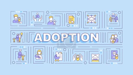 Adoption light blue word concept. Child custody. Become parents.Typography banner. Flat design. Vector illustration with title text, editable line icons. Ready to use. Arial Black font used