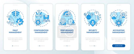 Network management functions blue onboarding mobile app screen. Walkthrough 5 steps editable graphic instructions with linear concepts. UI, UX, GUI template. Myriad Pro-Bold, Regular fonts used