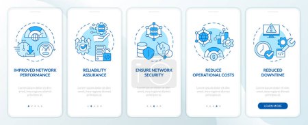Benefits of network management blue onboarding mobile app screen. Walkthrough 5 steps editable graphic instructions with linear concepts. UI, UX, GUI template. Myriad Pro-Bold, Regular fonts used