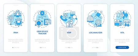 Network management software blue onboarding mobile app screen. Walkthrough 5 steps editable graphic instructions with linear concepts. UI, UX, GUI template. Myriad Pro-Bold, Regular fonts used