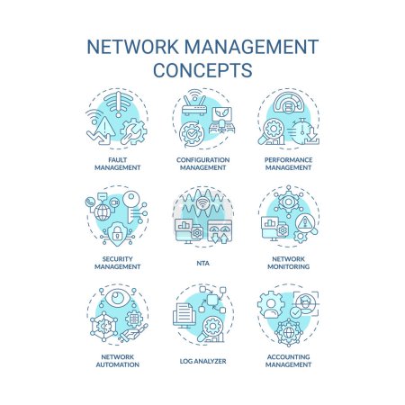 Netzwerkmanagement weiche blaue Konzeptsymbole. Systemarchitektur, Leistungsüberwachung. Netzwerkautomatisierung, Loganalysator. Symbolpack. Vektorbilder. Illustrationen in runder Form. Abstrakte Idee