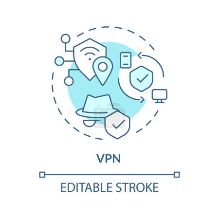 Vpn-Verbindungstyp weiches blaues Konzept Symbol. Datenschutz im Cyberbereich. Sicherheitsüberwachung durch Netzwerk-Schwachstellen. Abbildung der runden Formlinie. Abstrakte Idee. Grafikdesign. Einfach zu bedienen