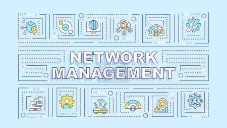 Illustration for Network management turquoise word concept. Infrastructure administration. Typography banner. Flat design. Vector illustration with title text, editable line icons. Ready to use. Arial Black font used - Royalty Free Image