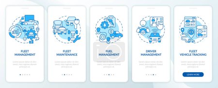 Car fleet management blue onboarding mobile app screen. Walkthrough 5 steps editable graphic instructions with linear concepts. UI, UX, GUI template. Myriad Pro-Bold, Regular fonts used