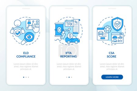 Customer service measurements blue onboarding mobile app screen. Walkthrough 3 steps editable graphic instructions with linear concepts. UI, UX, GUI template. Myriad Pro-Bold, Regular fonts used