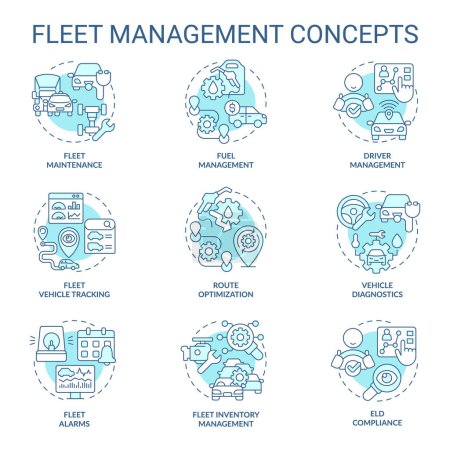 Fleet management soft blue concept icons. Vehicle maintenance. Efficiency monitoring, inventory control. Operational cost reduce. Icon pack. Vector images. Round shape illustrations. Abstract idea