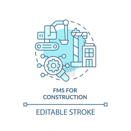 FMS para la construcción icono concepto azul suave. Maquinaria pesada, gestión de equipos. Ilustración de línea de forma redonda. Una idea abstracta. Diseño gráfico. Fácil de usar en infografía, presentación