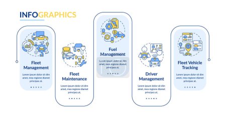 Car fleet management rectangle infographic template. Vehicle monitoring. Data visualization with 5 steps. Editable timeline info chart. Workflow layout with line icons. Lato-Bold, Regular fonts used