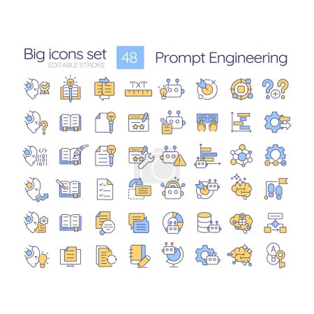Prompt engineering RGB color icons set. Design instructions. Test and optimize tasks. Chatbot interaction. Isolated vector illustrations. Simple filled line drawings collection. Editable stroke