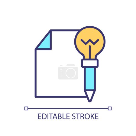 Creative writing RGB color icon. Paper and pen with lightbulb. Creative process. Taking notes. Brainstorming symbol. Isolated vector illustration. Simple filled line drawing. Editable stroke