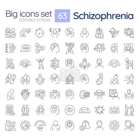 Schizophrenia disorder linear icons set. Neurocognitive disease, mental illness. Psychiatry condition. Customizable thin line symbols. Isolated vector outline illustrations. Editable stroke