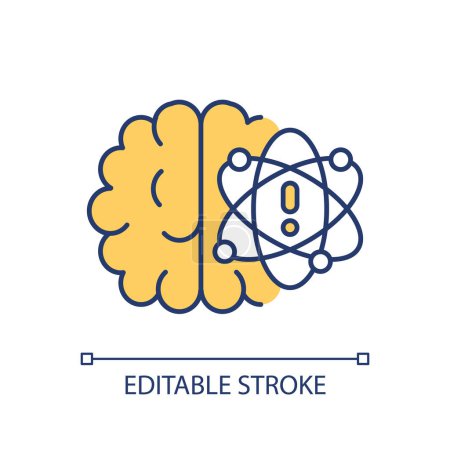 Brain anatomy, warning yellow sign RGB color icon. Neurocognitive human organ structure. Consciousness biology. Isolated vector illustration. Simple filled line drawing. Editable stroke
