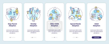 Adoption options onboarding mobile app screen. Child custody walkthrough 5 steps editable graphic instructions with linear concepts. UI, UX, GUI template. Myriad Pro-Bold, Regular fonts used