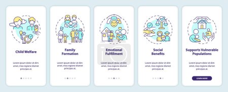 Benefits of adoption onboarding mobile app screen. Positive sides walkthrough 5 steps editable graphic instructions with linear concepts. UI, UX, GUI template. Myriad Pro-Bold, Regular fonts used