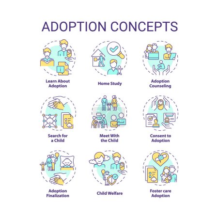 Adoption multi color concept icons. Legal process steps. Becoming parents. How to adopt child. Parental right transfer. Icon pack. Vector images. Round shape illustrations. Abstract idea