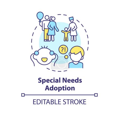 Necesidades especiales adopción icono concepto multicolor. Adoptar un niño con discapacidad. Familia incondicionalmente amorosa. Bienestar infantil. Ilustración de línea de forma redonda. Una idea abstracta. Diseño gráfico. Fácil de usar
