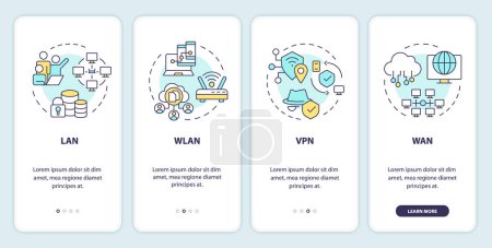 Types of network onboarding mobile app screen. Network management. Walkthrough 4 steps editable graphic instructions with linear concepts. UI, UX, GUI template. Myriad Pro-Bold, Regular fonts used