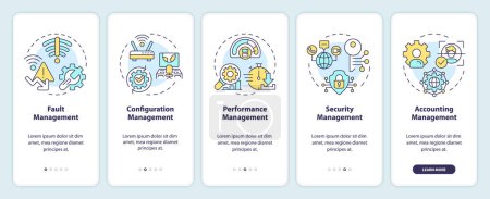 Network management functions onboarding mobile app screen. Walkthrough 5 steps editable graphic instructions with linear concepts. UI, UX, GUI template. Myriad Pro-Bold, Regular fonts used