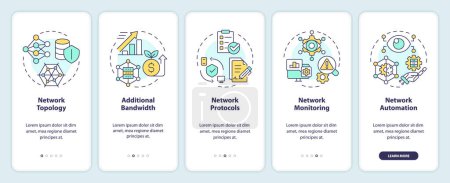 Practices for managing networks onboarding mobile app screen. Walkthrough 5 steps editable graphic instructions with linear concepts. UI, UX, GUI template. Myriad Pro-Bold, Regular fonts used
