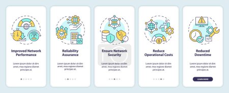 Benefits of network management onboarding mobile app screen. Walkthrough 5 steps editable graphic instructions with linear concepts. UI, UX, GUI template. Myriad Pro-Bold, Regular fonts used