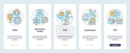 Network management software onboarding mobile app screen. Walkthrough 5 steps editable graphic instructions with linear concepts. UI, UX, GUI template. Myriad Pro-Bold, Regular fonts used