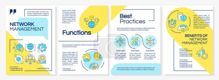 Network infrastructure management blue and yellow brochure template. Leaflet design with linear icons. Editable 4 vector layouts for presentation, annual reports. Questrial-Regular, Lato fonts used