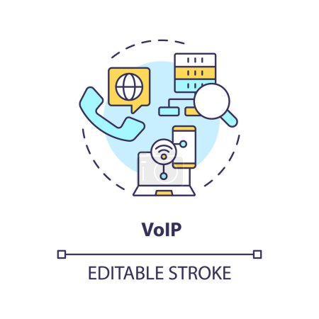 VoIP reconocimiento de voz icono concepto multicolor. Comunicación comercial, llamadas de voz. Arquitectura de red, buzón de voz. Ilustración de línea de forma redonda. Una idea abstracta. Diseño gráfico. Fácil de usar