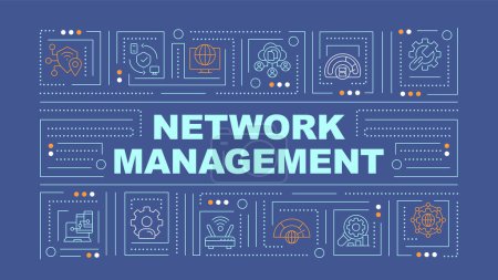 Illustration for Network management blue word concept. System administration. Typography banner. Flat design. Vector illustration with title text, editable line icons. Ready to use. Arial Black font used - Royalty Free Image