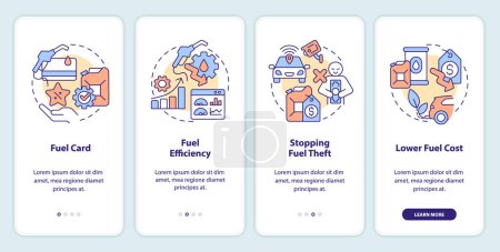 Fuel consumption optimization onboarding mobile app screen. Walkthrough 4 steps editable graphic instructions with linear concepts. UI, UX, GUI template. Myriad Pro-Bold, Regular fonts used