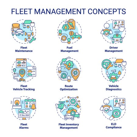 Fleet management multi color concept icons. Vehicle maintenance. Efficiency monitoring, inventory control. Operational cost reduce. Icon pack. Vector images. Round shape illustrations. Abstract idea