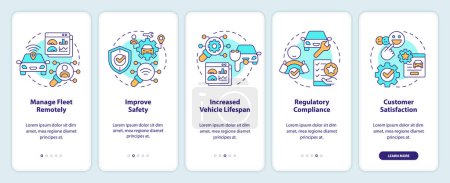 Transportation services reliability onboarding mobile app screen. Walkthrough 5 steps editable graphic instructions with linear concepts. UI, UX, GUI template. Myriad Pro-Bold, Regular fonts used