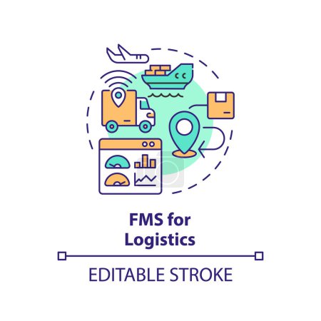 FMS für Logistik Multi-Color-Konzept Symbol. Schifffahrtslogistik, Transportmanagement. Abbildung der runden Formlinie. Abstrakte Idee. Grafikdesign. Einfache Bedienung in Infografik, Präsentation
