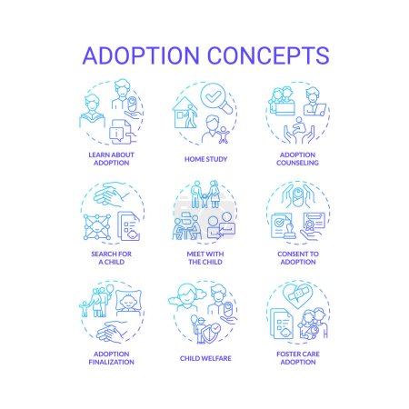 Adopción iconos concepto de gradiente azul. Pasos del proceso legal. Convertirse en padres. Cómo adoptar a un niño. Traslado derecho de los padres. Paquete de iconos. Imágenes vectoriales. Ilustraciones en forma redonda. Idea abstracta