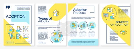 Adoption blue and yellow brochure template. Becoming parents. Leaflet design with linear icons. Editable 4 vector layouts for presentation, annual reports. Questrial, Lato-Regular fonts used