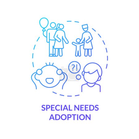 Necesidades especiales adopción azul gradiente icono concepto. Adoptar un niño con discapacidad. Familia incondicionalmente amorosa. Bienestar infantil. Ilustración de línea de forma redonda. Una idea abstracta. Diseño gráfico. Fácil de usar