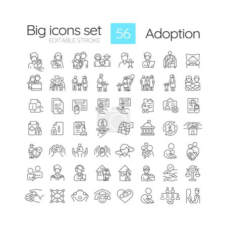 Adoption process linear icons set. Child custody. Legal process of becoming parents. Happy family. Customizable thin line symbols. Isolated vector outline illustrations. Editable stroke