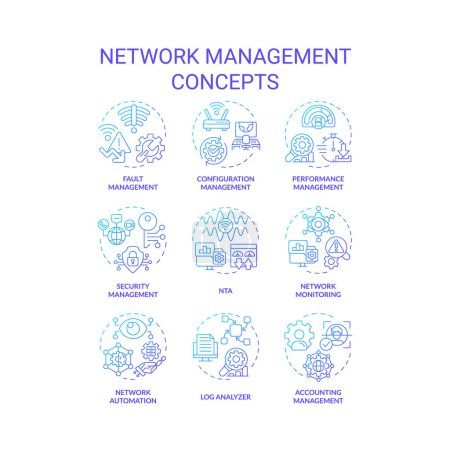 Network management blue gradient concept icons. System architecture, performance monitoring. Network automation, log analyzer. Icon pack. Vector images. Round shape illustrations. Abstract idea